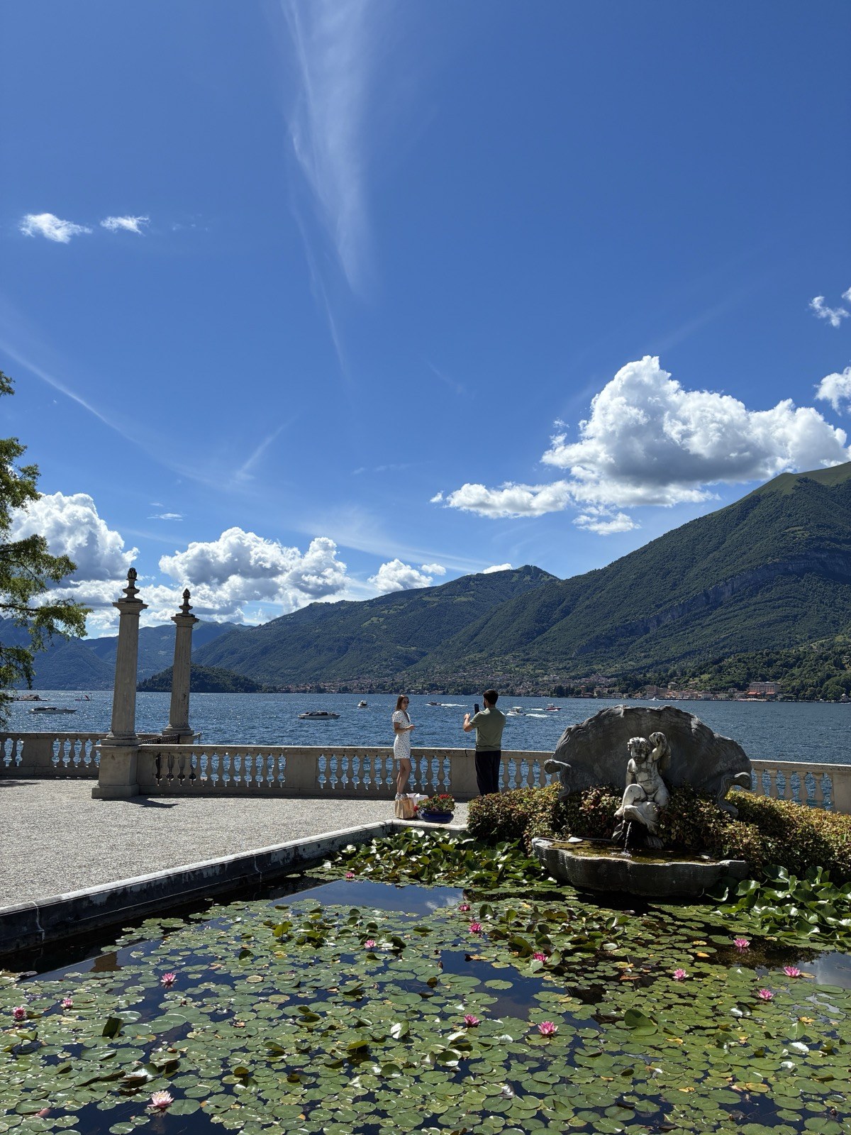 Lake Como villa gardens with water lily pond and mountain views