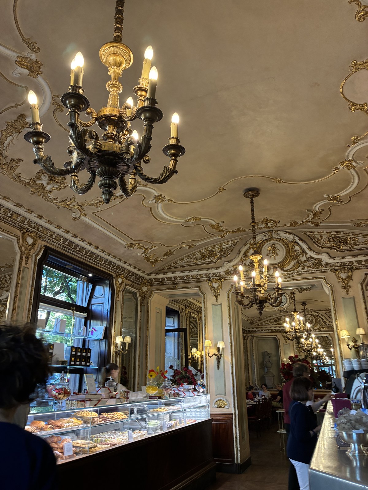 Caffè Platti Belle Époque salon, chandeliers, pastry case