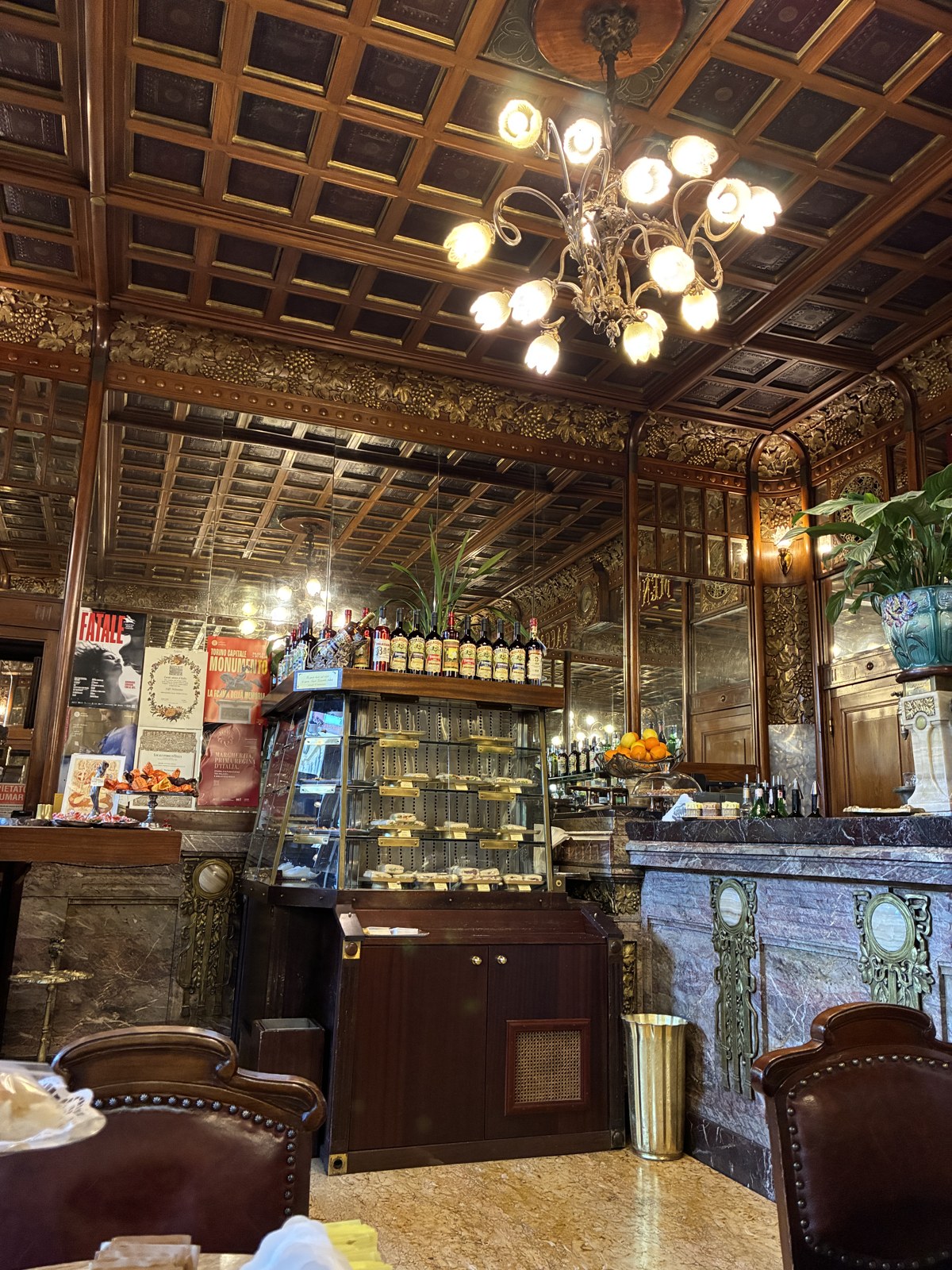 Historic Turin café interior, chandelier, pastry counter