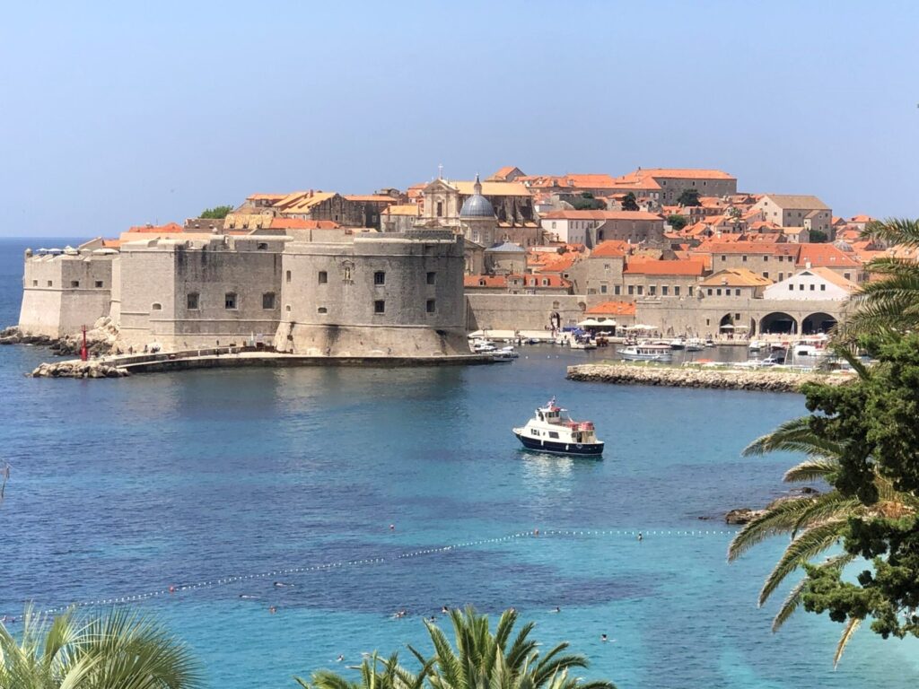 Aerial view of Dubrovnik Old Town with its harbor in Croatia