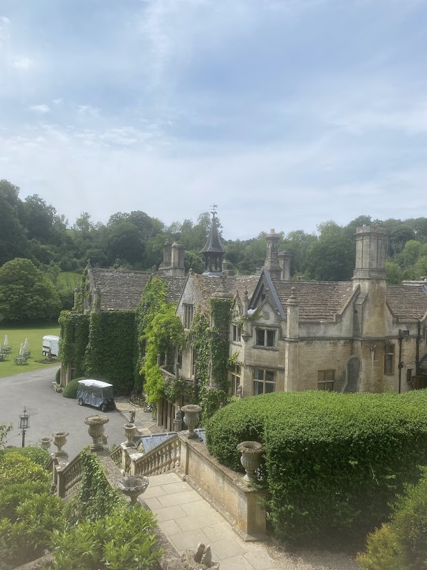 The Italian garden at the Manor House, Castle Combe, looking back at the house
