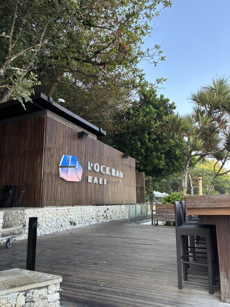 Rock Bar Bali sign at the entrance in daylight